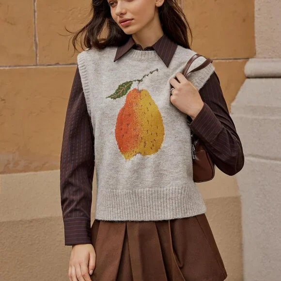 Trendy Khaki Women's Sweater Vest - Sleeveless Knit with Playful Pear Graphic - Picture 2 of 7